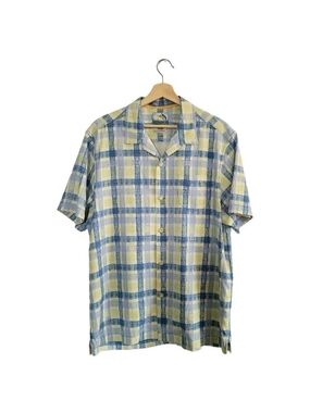 TOMMY Bahama Island Modern Fit Silk Blend Plaid Camp Shirt SZ L Blue/Yellow